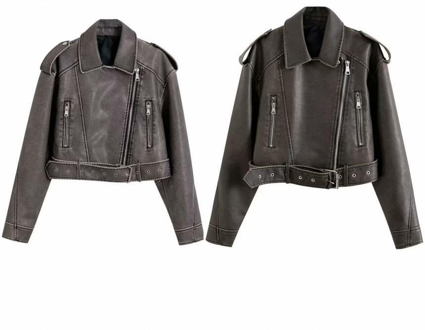 Collared Washed Faux Leather Zip Biker Jacket Product Image