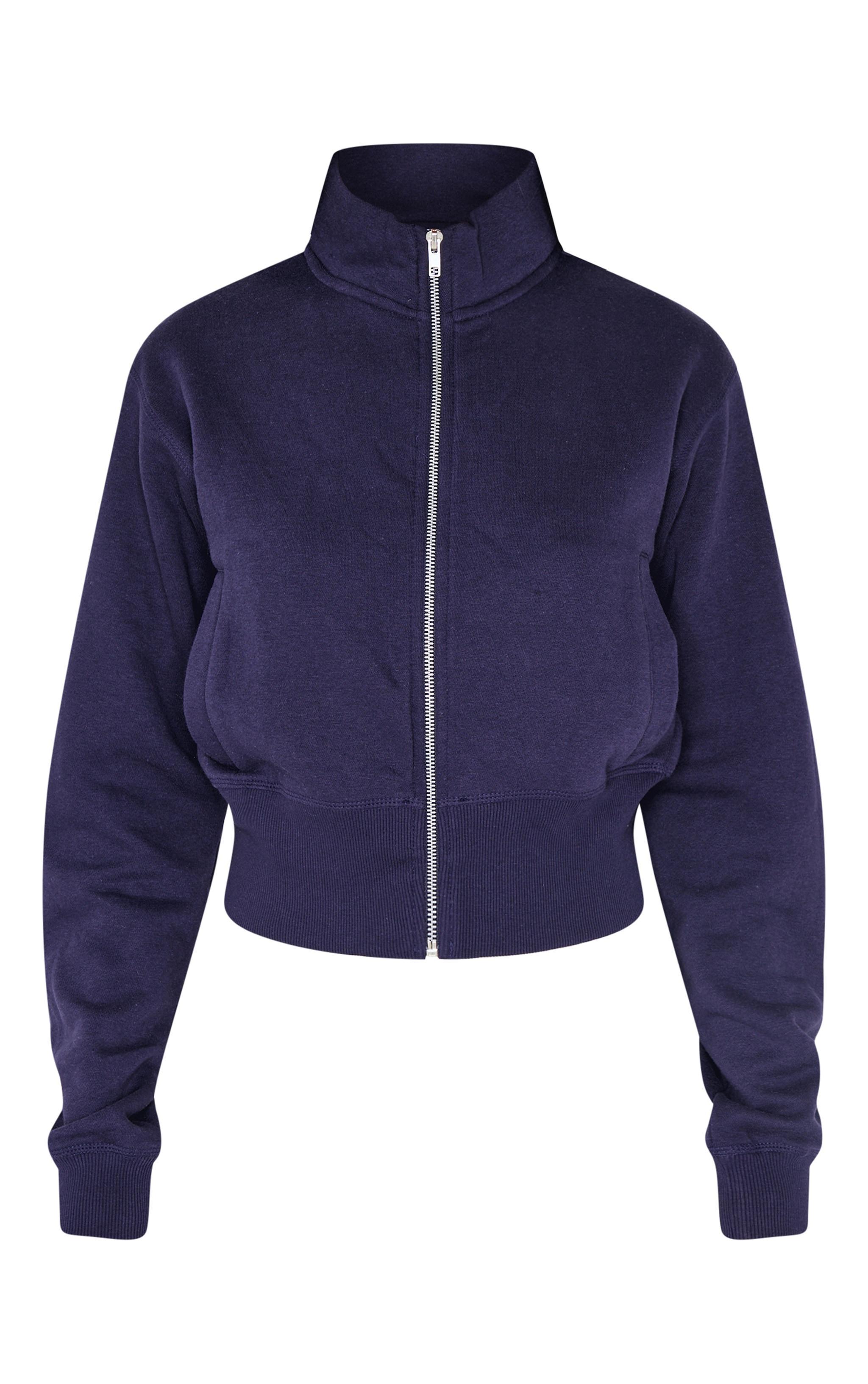 Navy Ribbed Hem High Neck Zip Up Sweatshirt Product Image