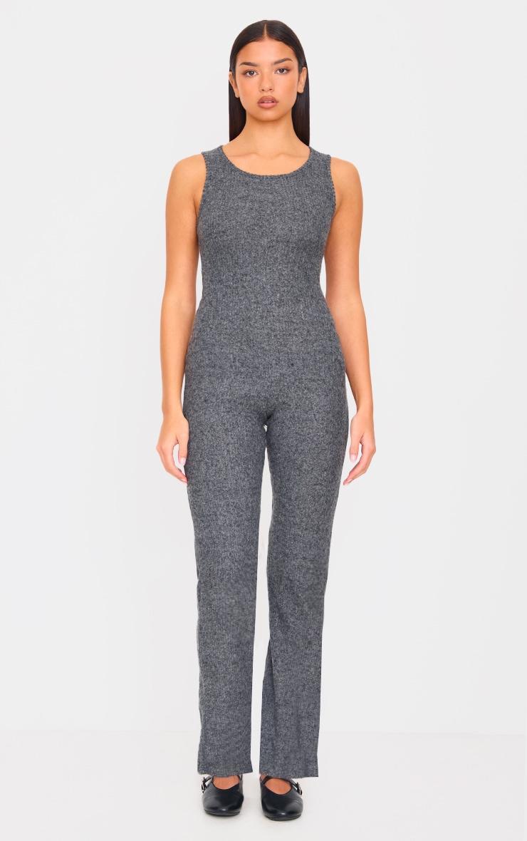 Grey Marl Soft Rib Wide Leg Racer Neck Jumpsuit Product Image