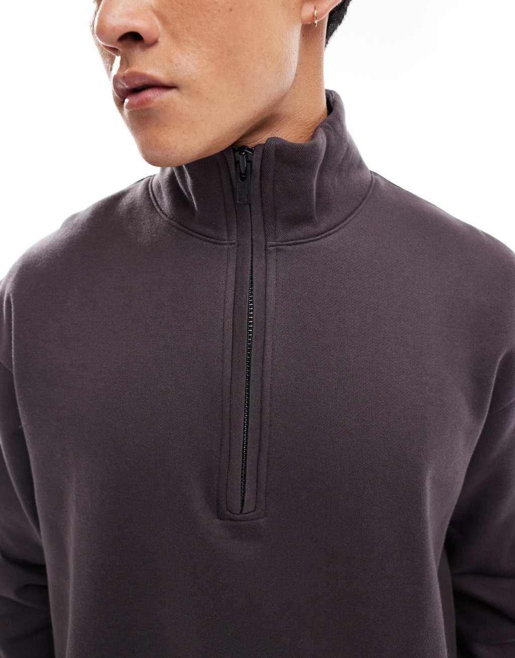 ASOS DESIGN heavyweight boxy oversized half zip funnel neck sweatshirt in dark brown Product Image