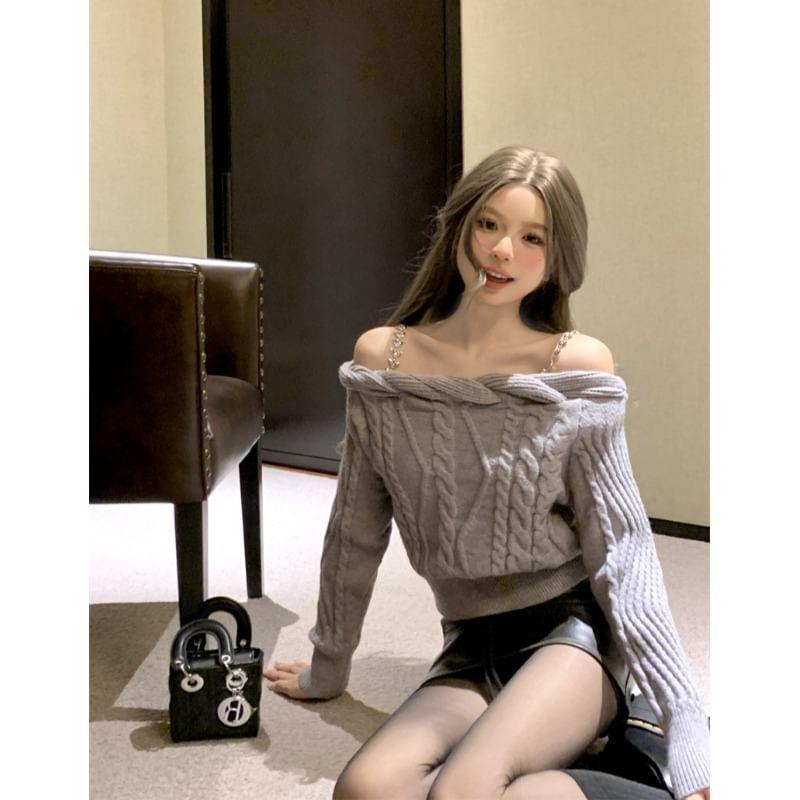 Cold Shoulder Plain Cable Knit Sweater Product Image