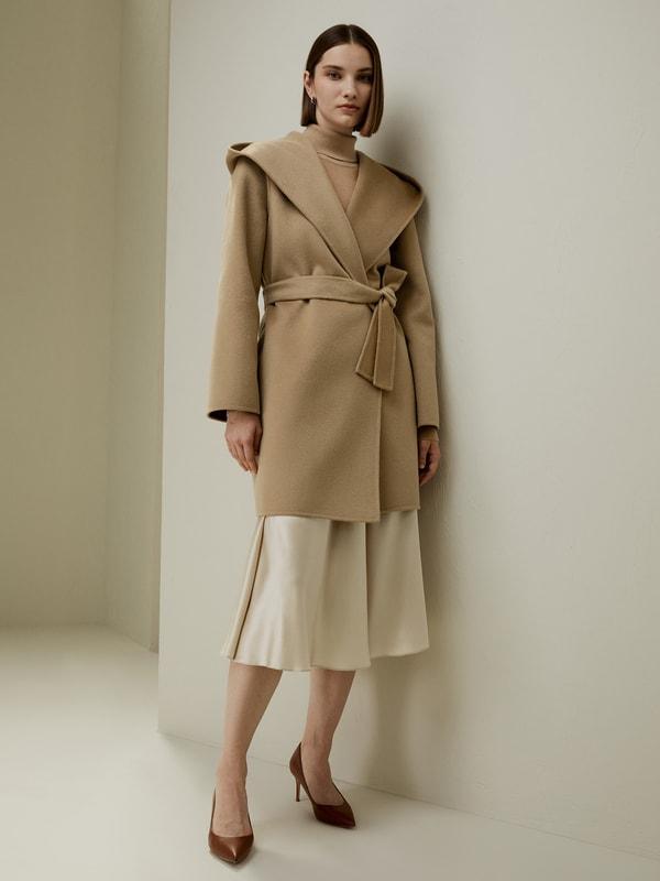 Cashmere-Wool-Blend Belted Short Hooded Coat Product Image