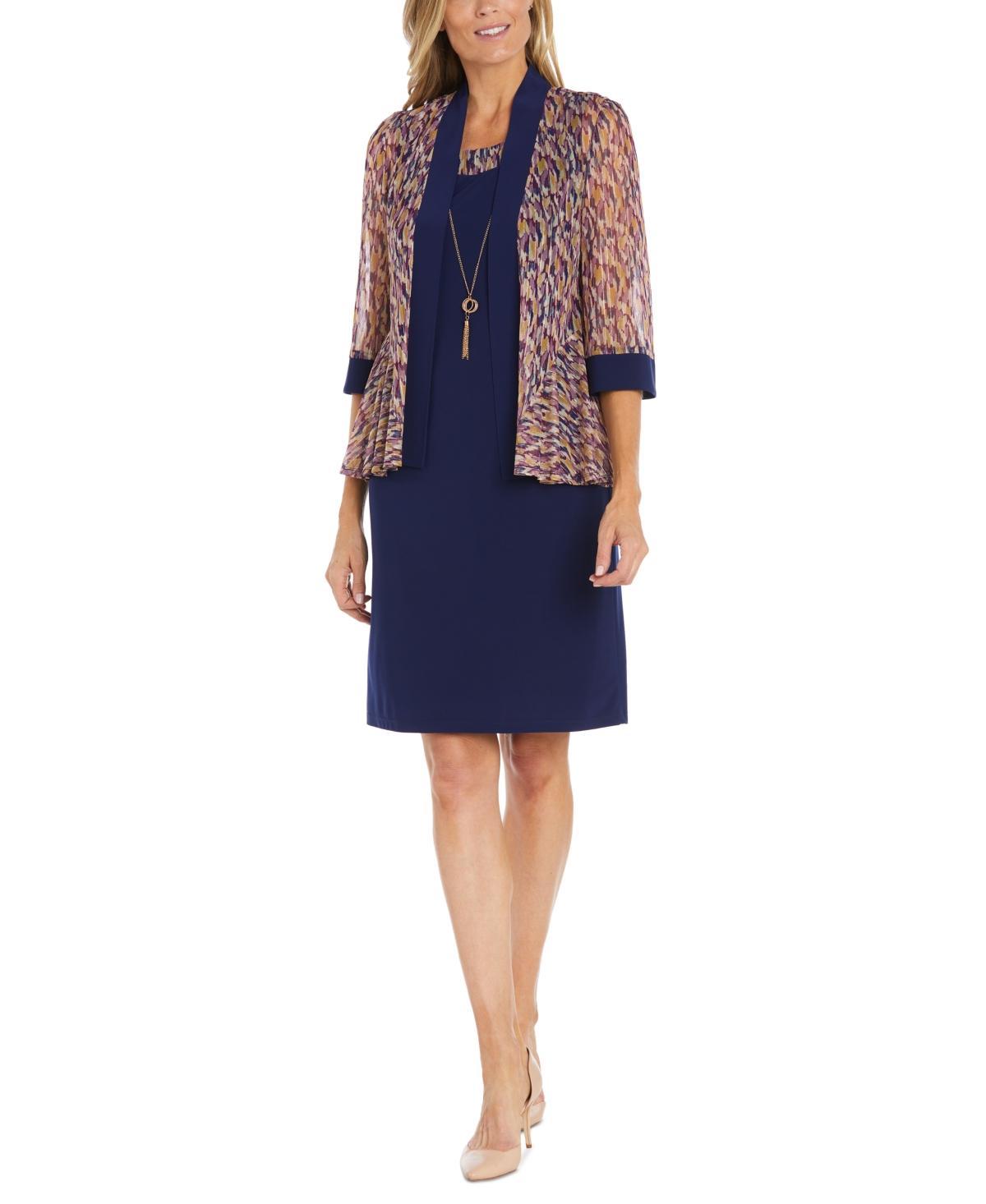 R & M Richards Womens 2-Pc. Printed Chiffon Jacket & Dress Set - Navy Product Image