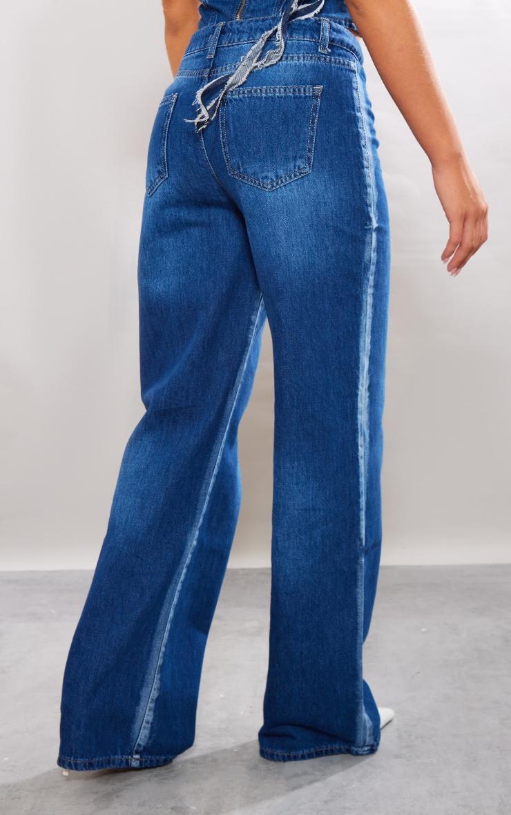 Indigo Blue Wash Washed Down Distressed Look Wide Leg Jeans Product Image