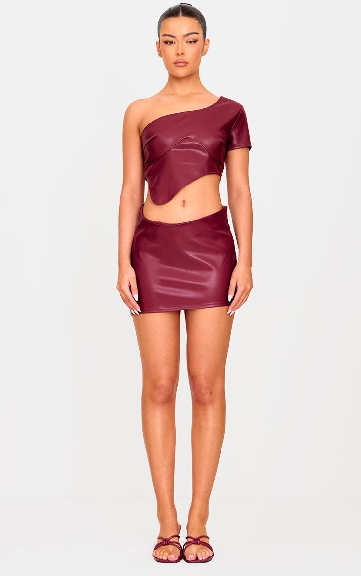 Burgundy Faux Leather One Shoulder Asymmetric Crop Top Product Image