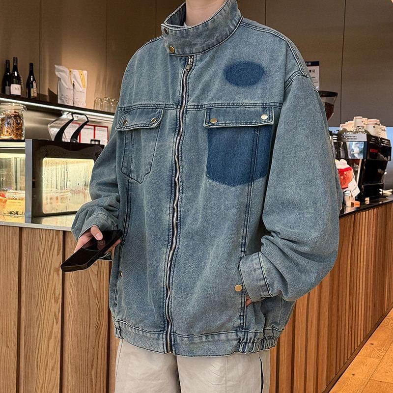 Stand Collar Washed Zip-Up Denim Jacket Product Image