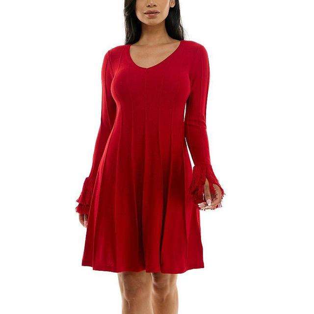 Womens Nina Leonard A-Line Fringe Sweater Dress Product Image