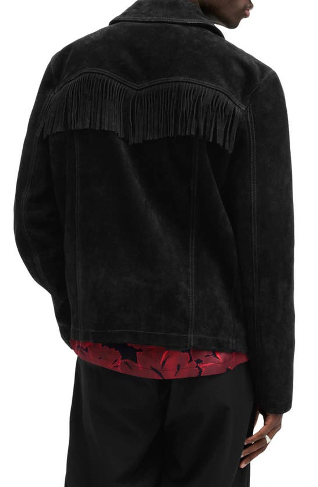 ALLSAINTS Warren Suede Fringe Trimmed Full Zip Western Jacket In Black Product Image