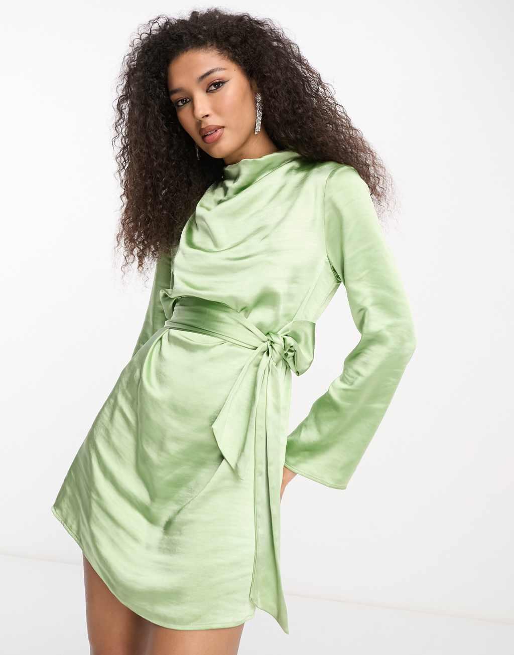 Pretty Lavish Jayda tie waist satin mini dress in soft olive Product Image