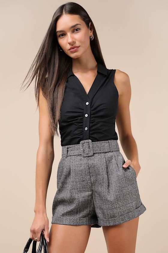 Decidedly Poised Black Ruched Sleeveless Collared Button-Up Top Product Image