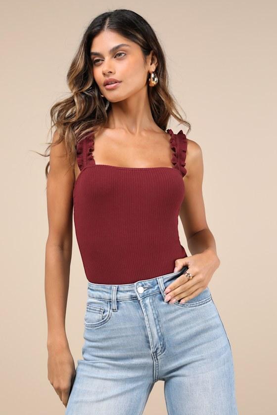 Musing About You Burgundy Ribbed Ruffle Strap Bodysuit Product Image