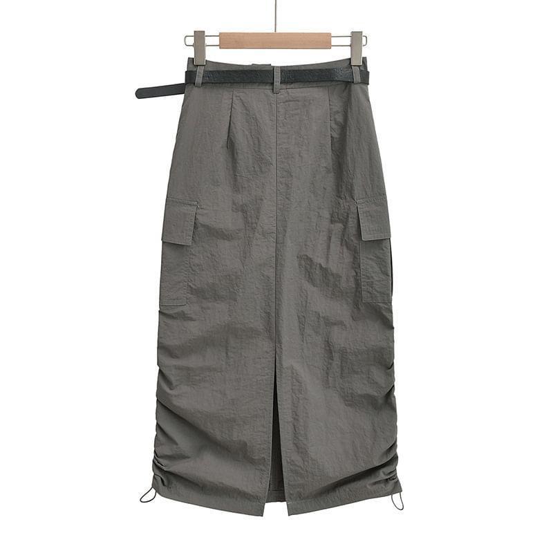 High Rise Plain Pocket Detail Drawstring Midi H-Line Skirt Product Image