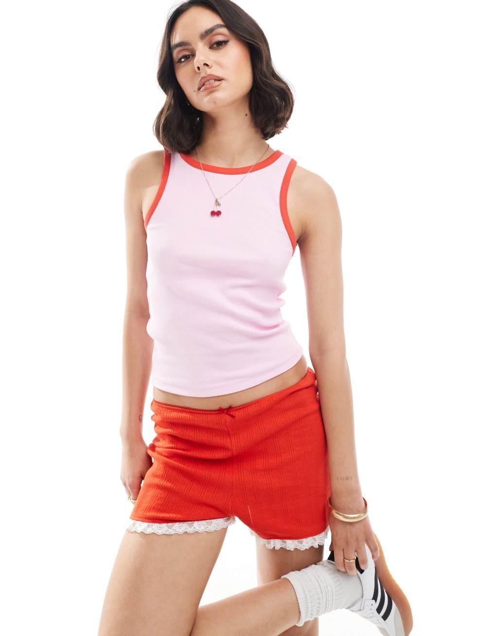 Pieces contrast trim tank top in pink and red Product Image