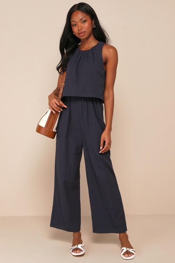 Breezy Sophistication Navy Blue Textured Wide Leg Jumpsuit product image