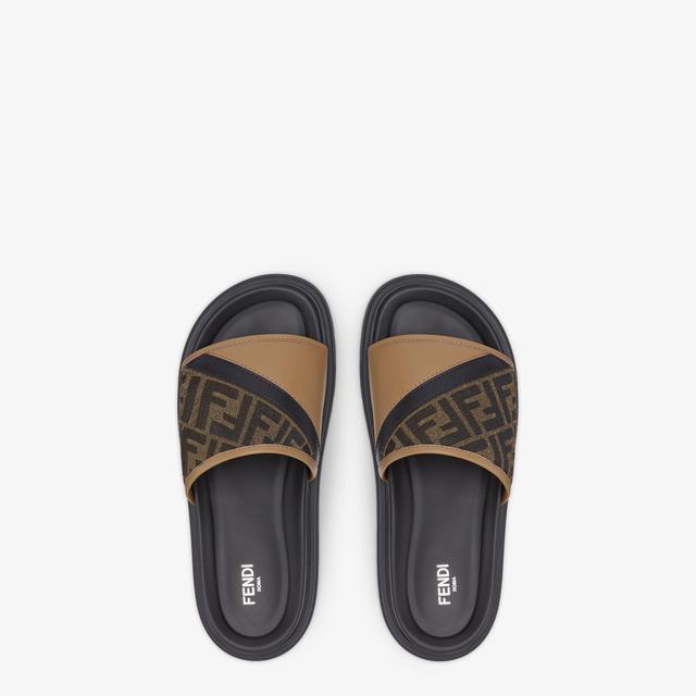 Fendi Diagonal SlidesBrown FF jacquard and beige leather slides Product Image