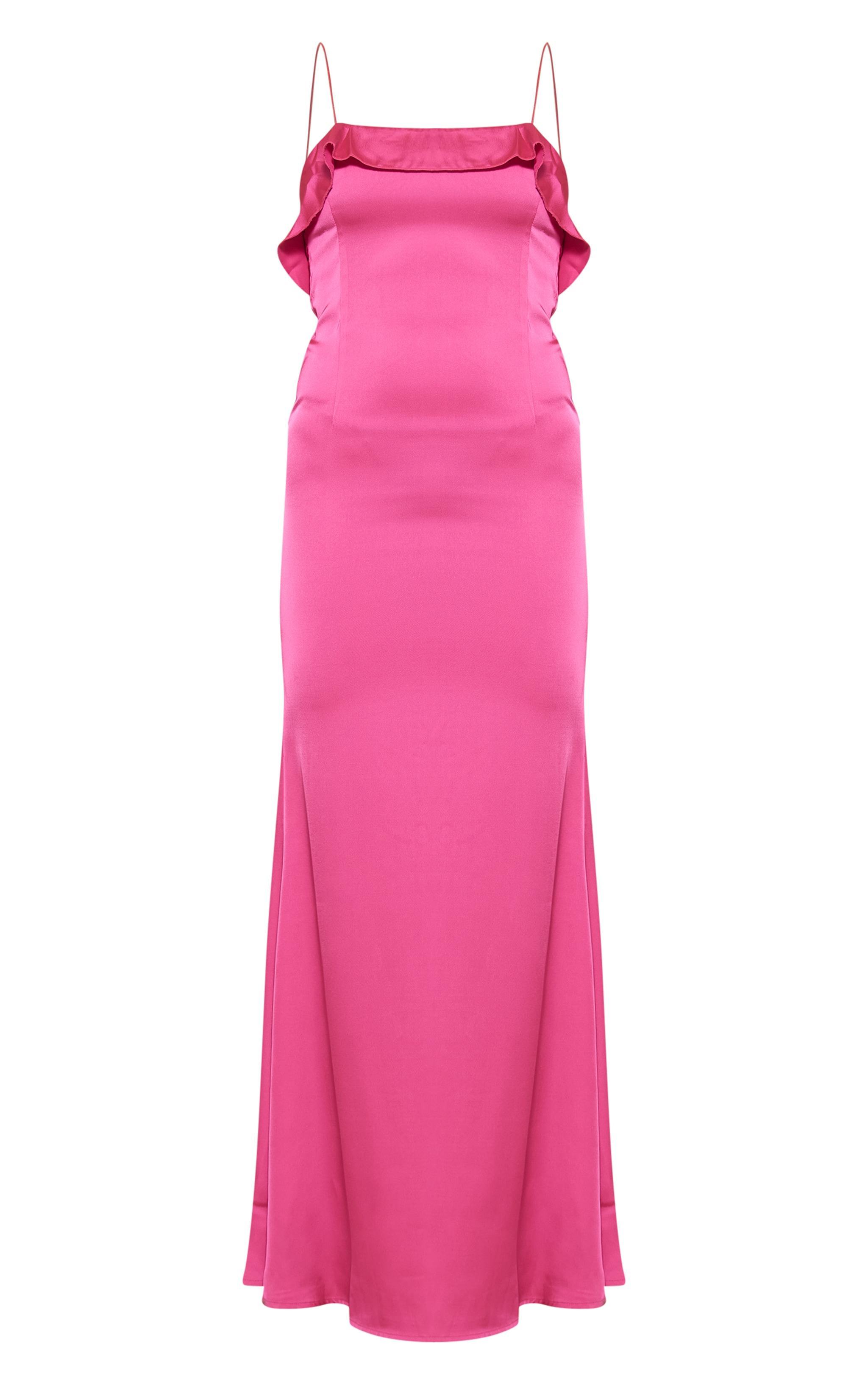  Hot Pink Satin Draped Frill Back Detail Maxi Dress Product Image