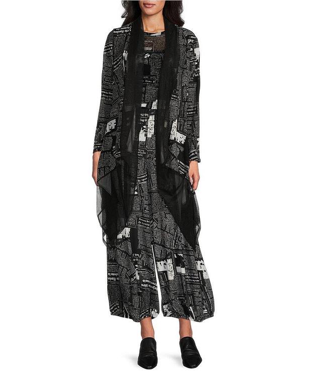 IC Collection Mesh Newspaper Print Open Front Long Sleeve Drape Hem Jacket Product Image