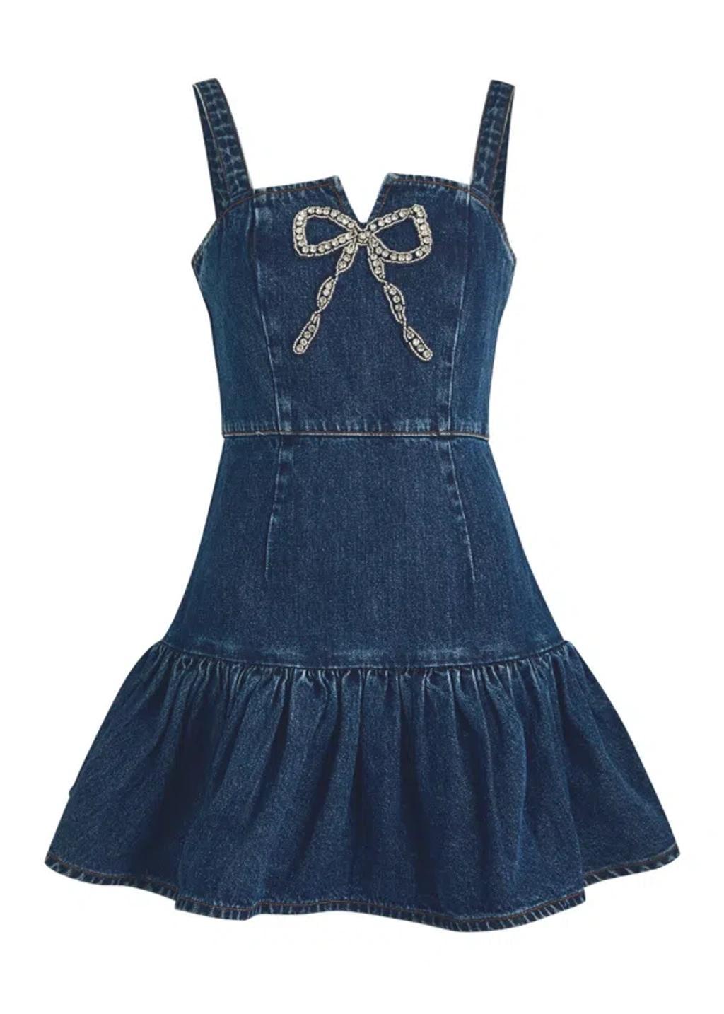 Bow-embellished Denim Mini Dress In Blue Product Image