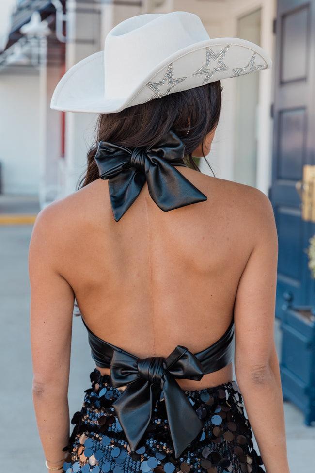 Take Me To The Top  Black Faux Leather Halter Crop Tank Product Image