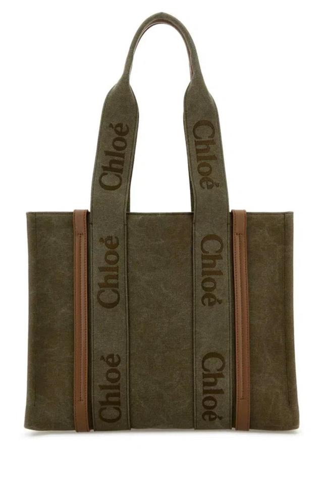 Chloe Woman Khaki Canvas Medium Woody Shopping Bag In Green Product Image