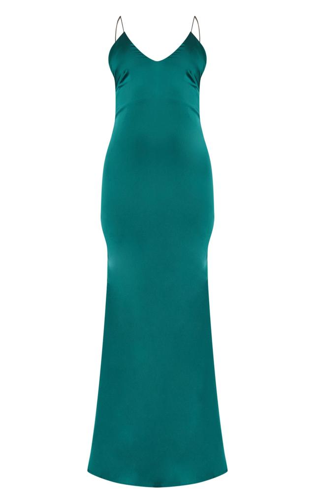 Emerald Green Satin V Neck Maxi Dress Product Image