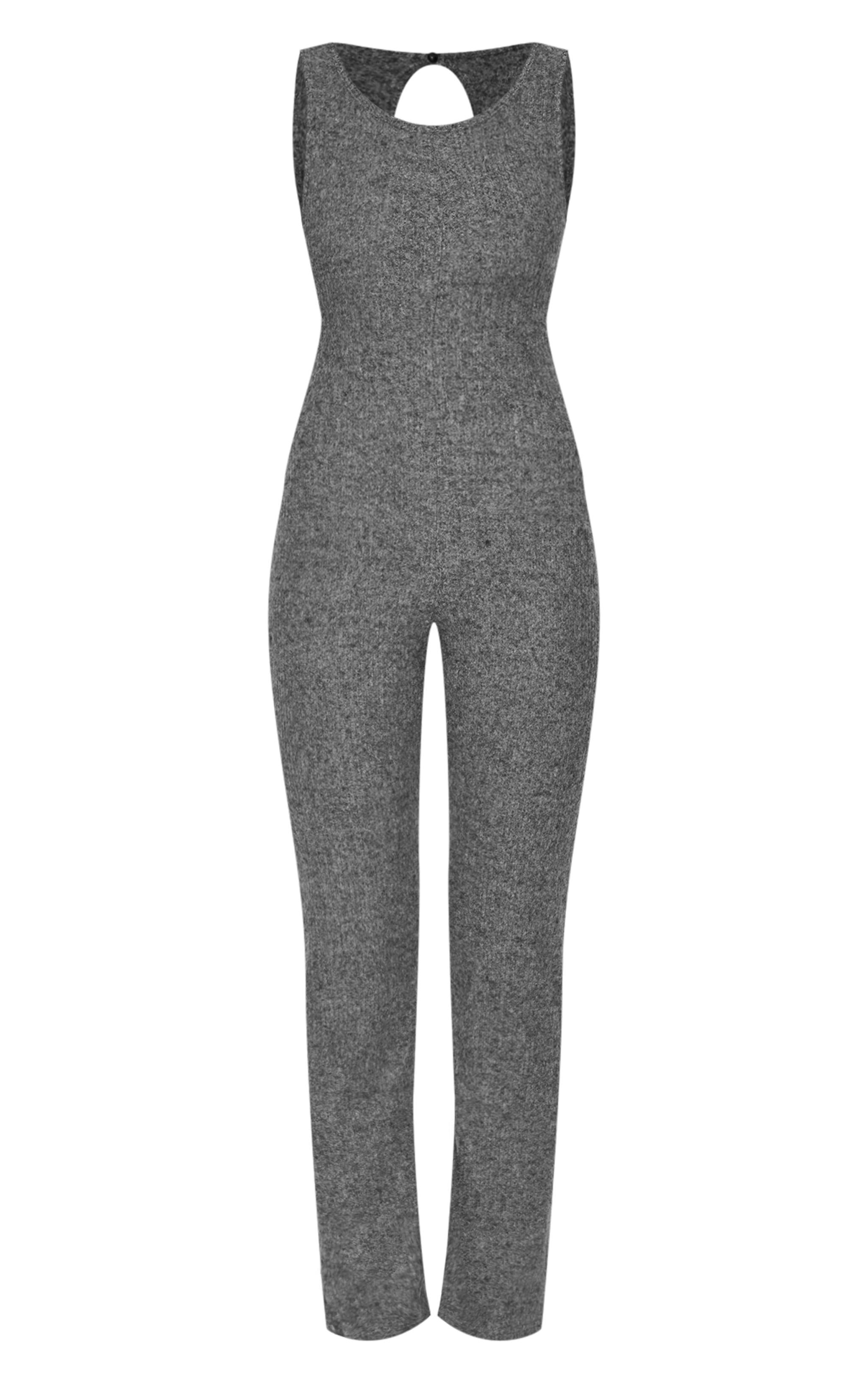 Grey Marl Soft Rib Wide Leg Racer Neck Jumpsuit Product Image