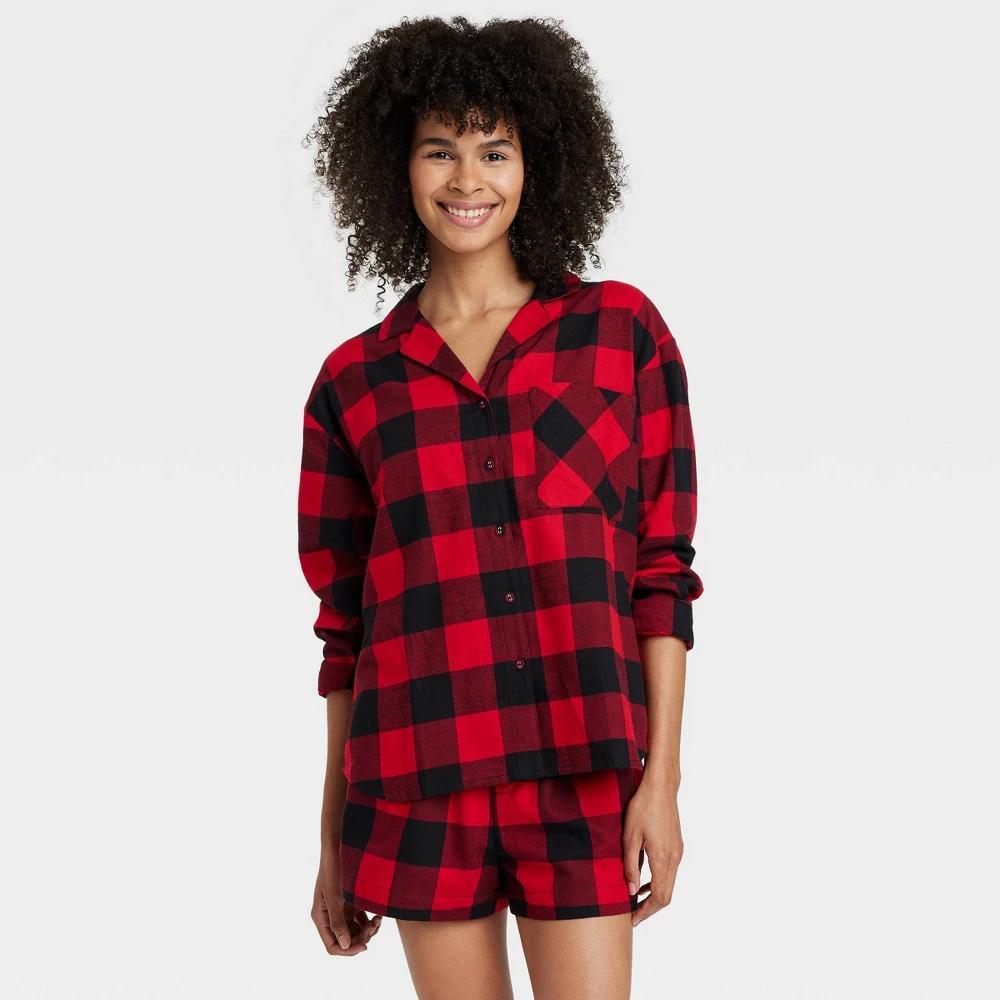 Womens Buffalo Check Flannel Long Sleeve Top and Shorts Pajama Set - Auden Red XS Product Image