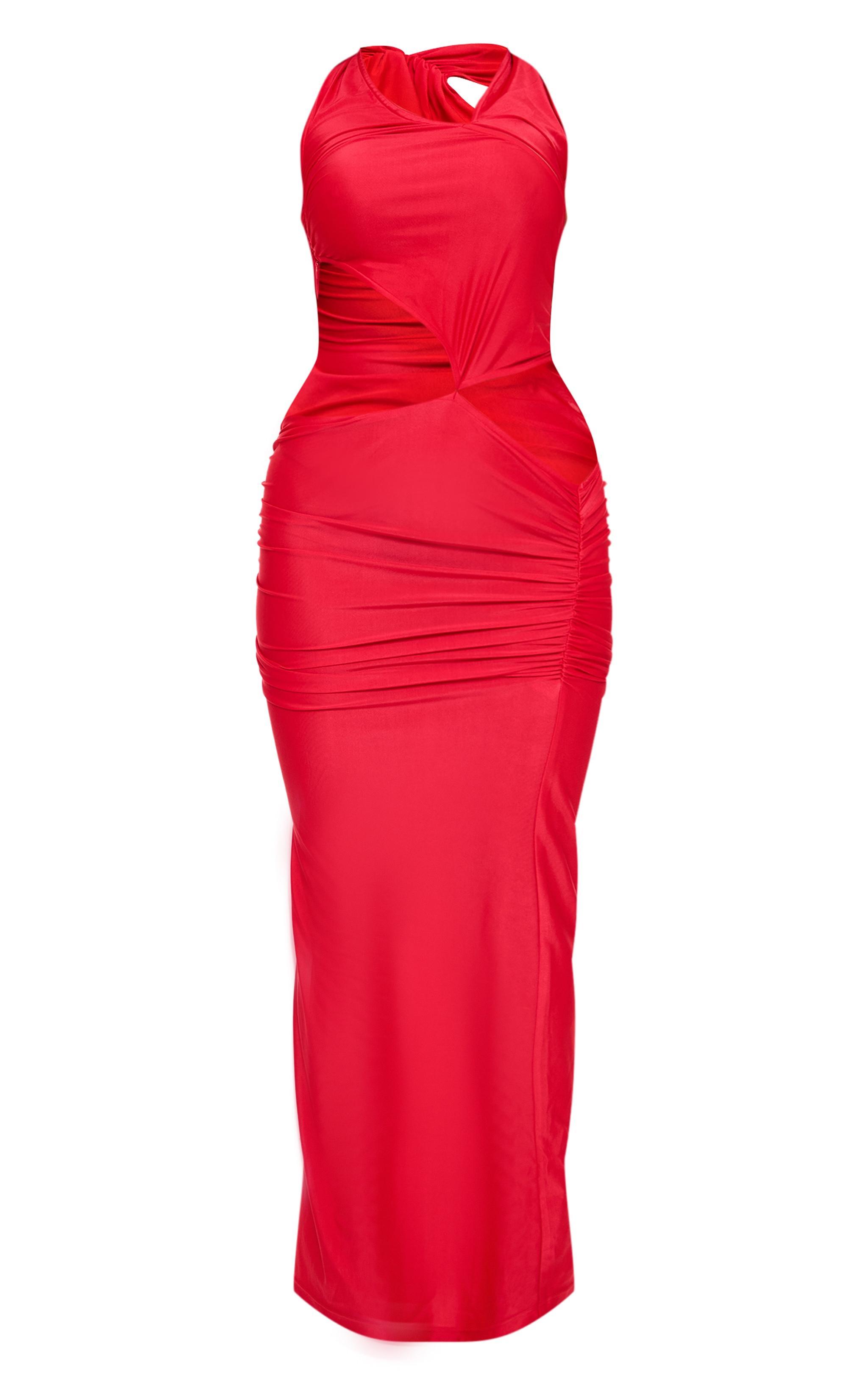 Red Slinky High Neck Cut Out Maxi Dress Product Image