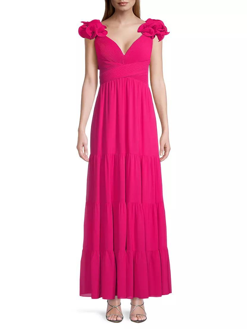 Ruffled-Shoulder Pleated Tiered Gown Product Image