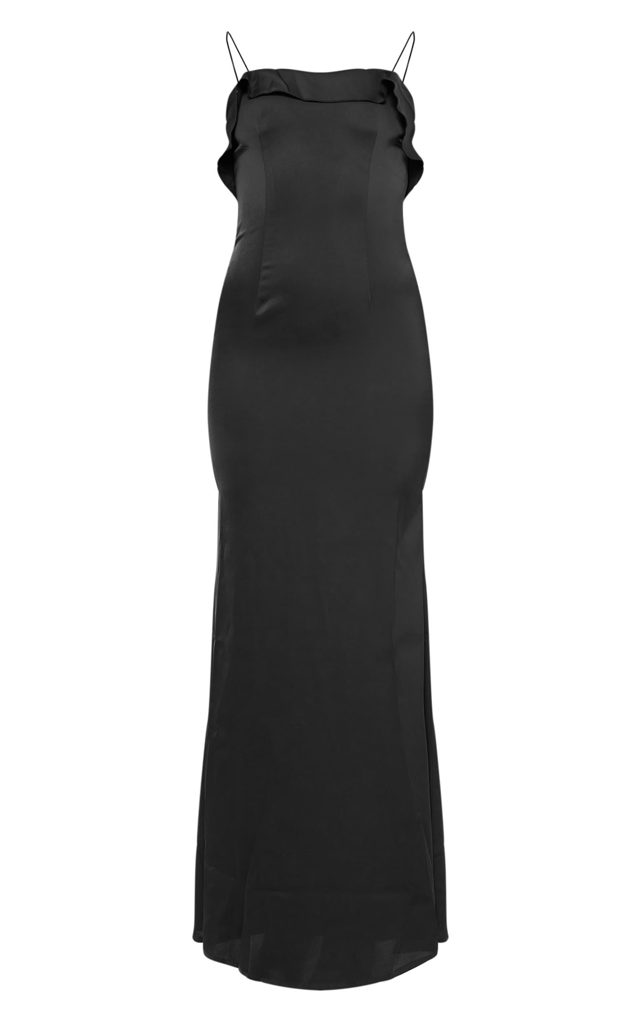 Black Satin Draped Frill Back Detail Maxi Dress Product Image