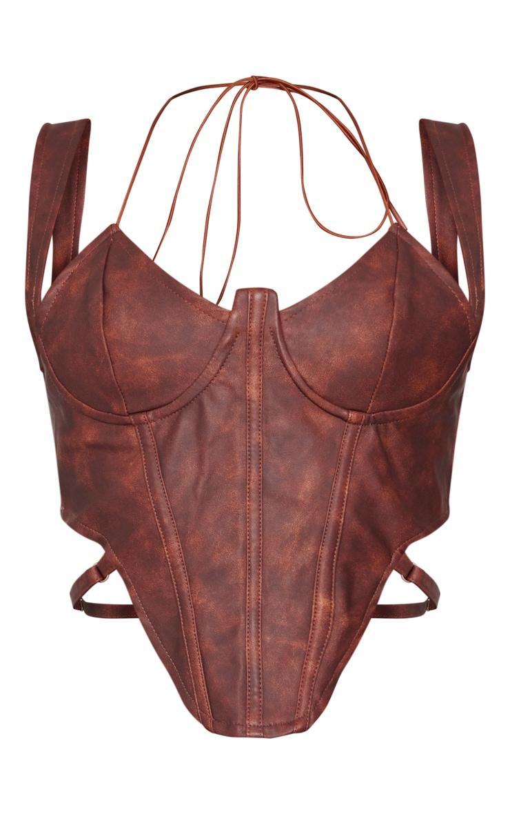 Brown Washed Faux Leather Cross Halterneck Dip Hem Corset Product Image