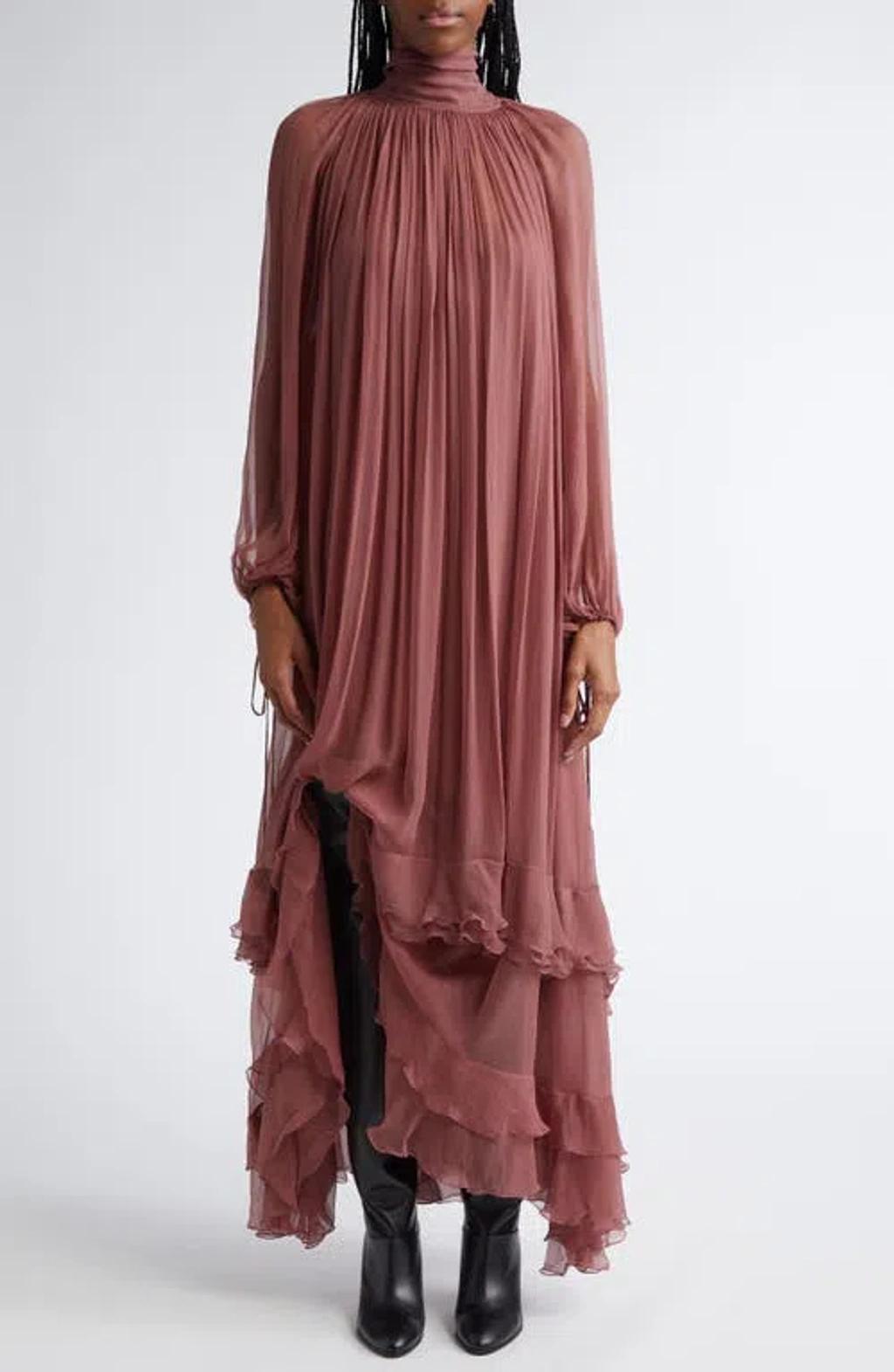 CHLOÉ Oversized Gathered Silk Maxi Dress In Woodrose Product Image