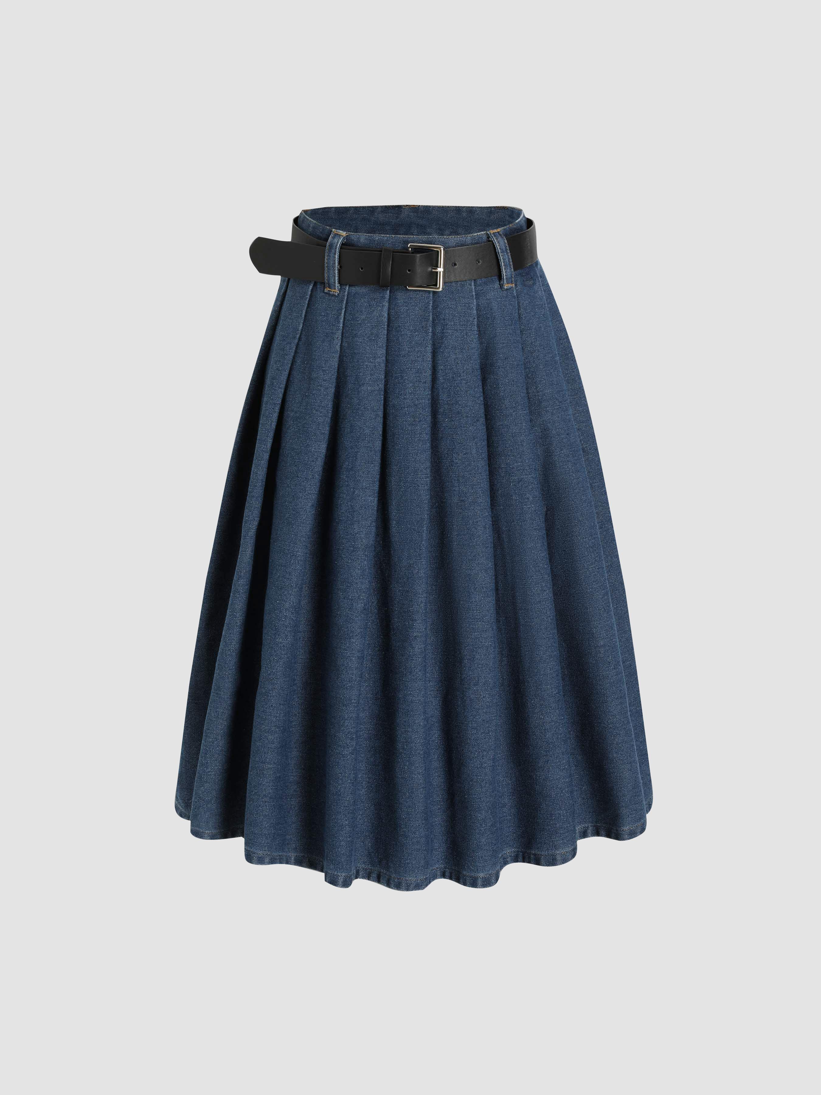 Denim Pleated Midi Skirt With Belt Product Image