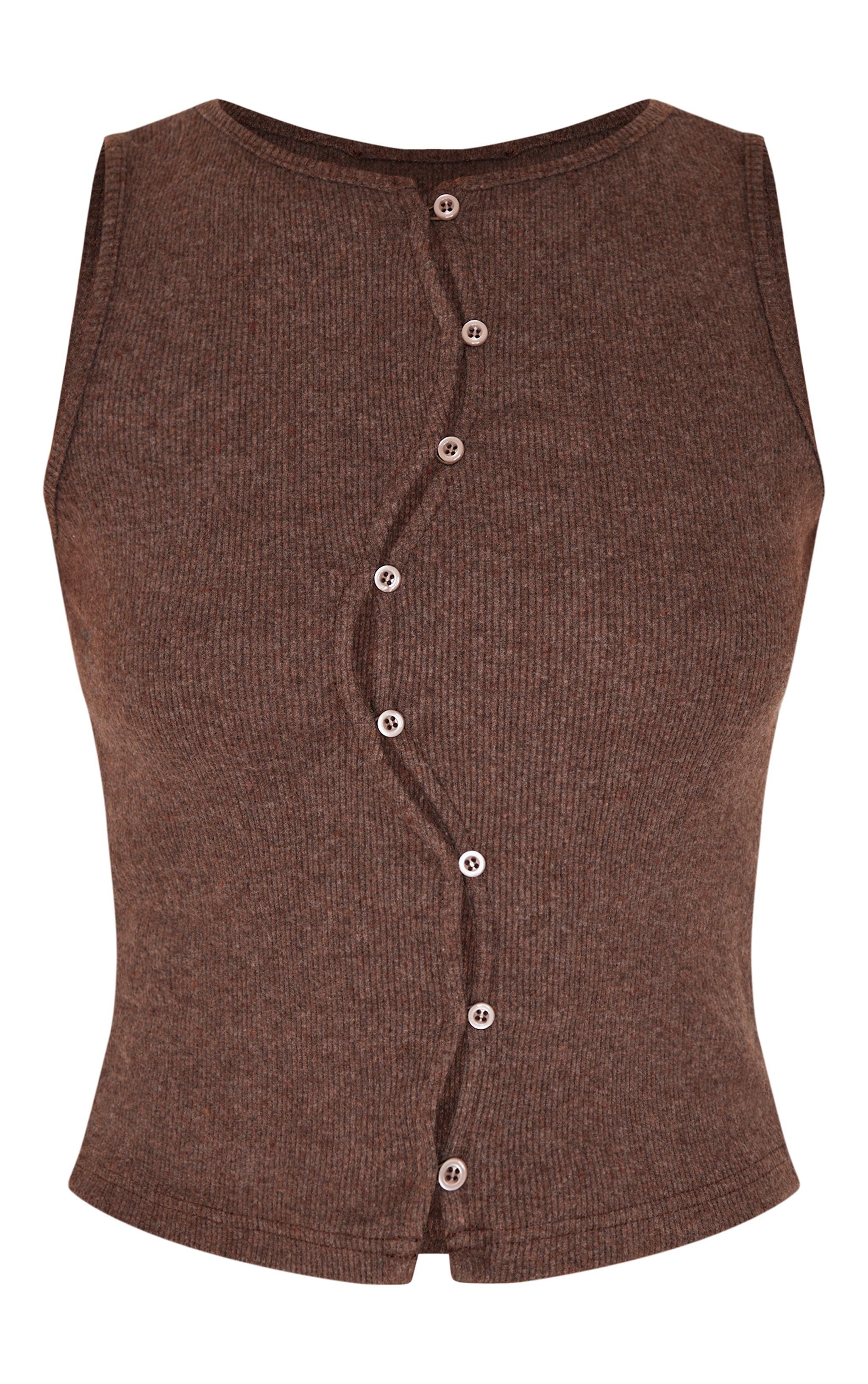 Chocolate Brushed Rib Abstract Button Down Detail Long Top Product Image