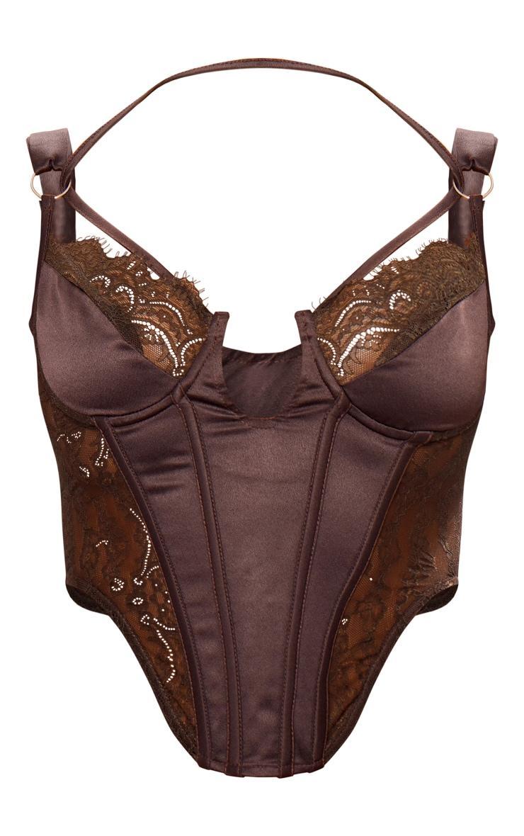 Dark Brown Lace Satin Mix Thick Strap Corset Product Image