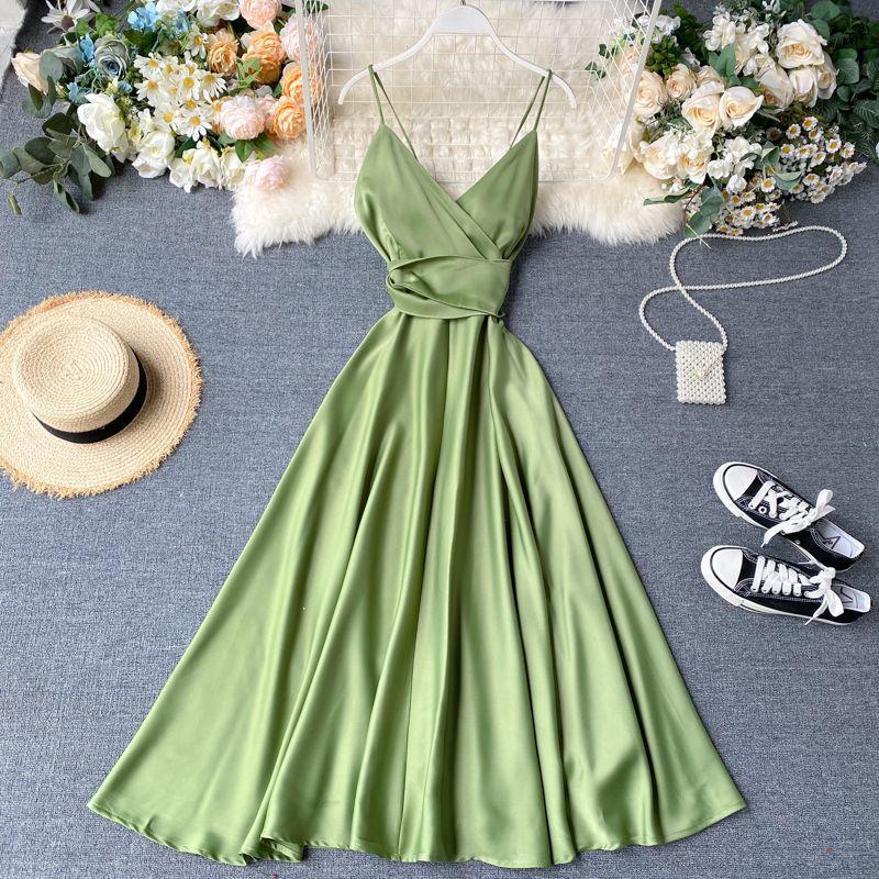 Spaghetti Strap Silky Midi A-Line Dress Product Image