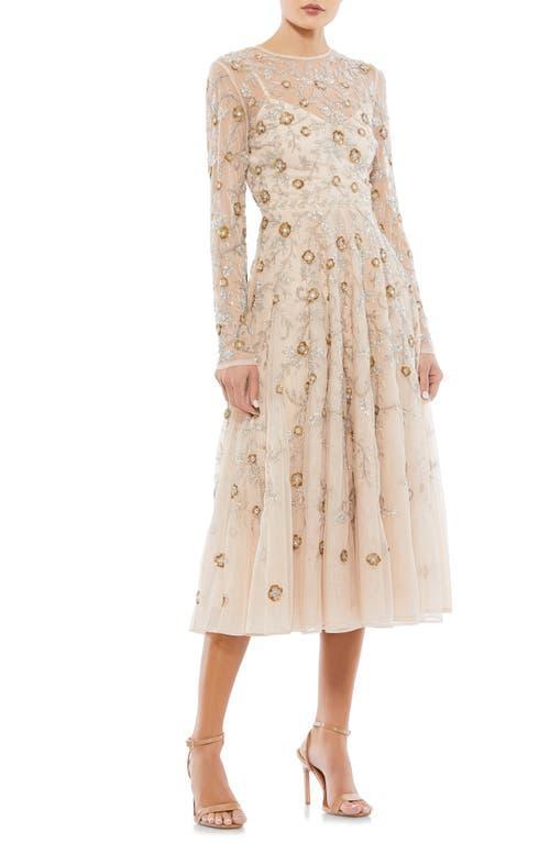 Mac Duggal Beaded Floral Long Sleeve Cocktail Midi Dress Product Image