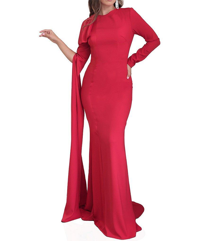 Terani Couture Crepe Crew Neck Long Sleeve Drape Sleeve Gown Product Image