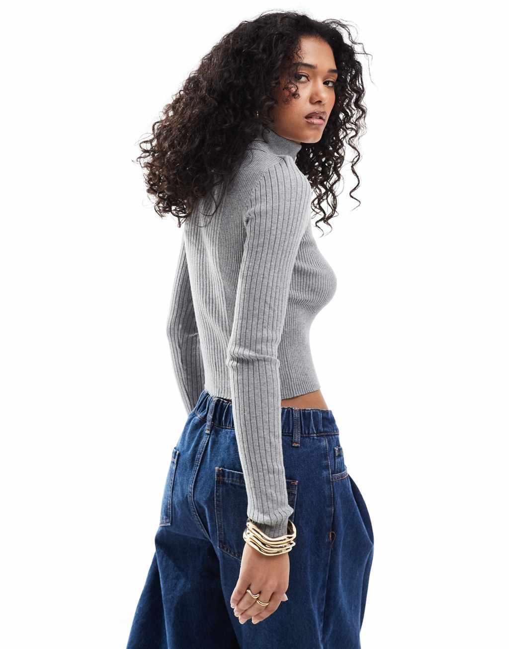 ASOS DESIGN knitted roll neck top in engineered rib in gray Product Image