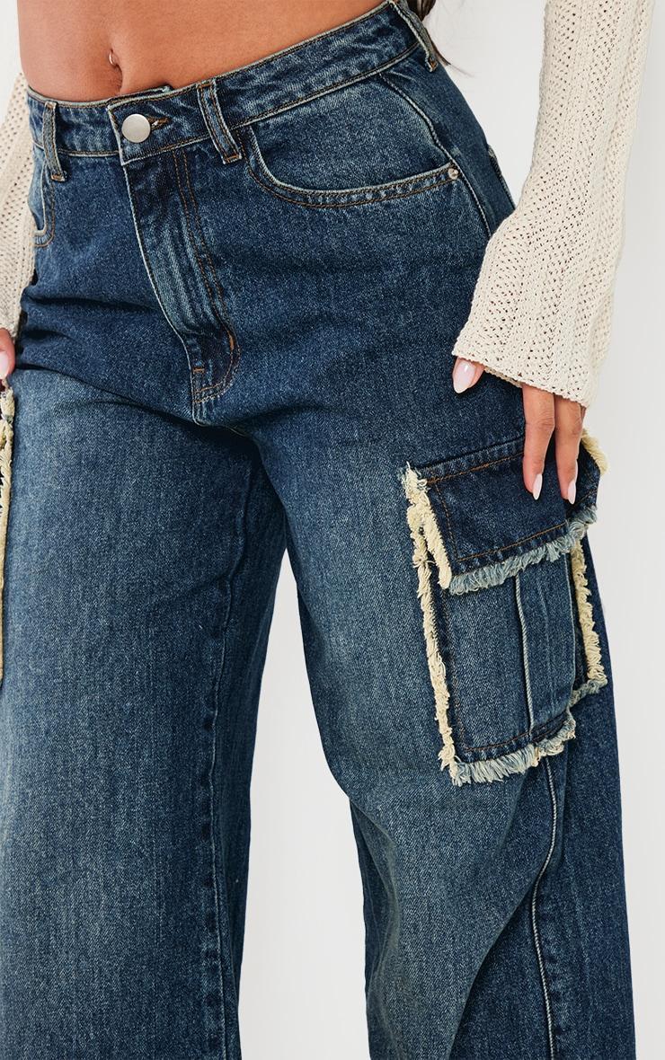 Dark Blue Wash Frayed Seam Cargo Pocket Boyfriend Jeans Product Image