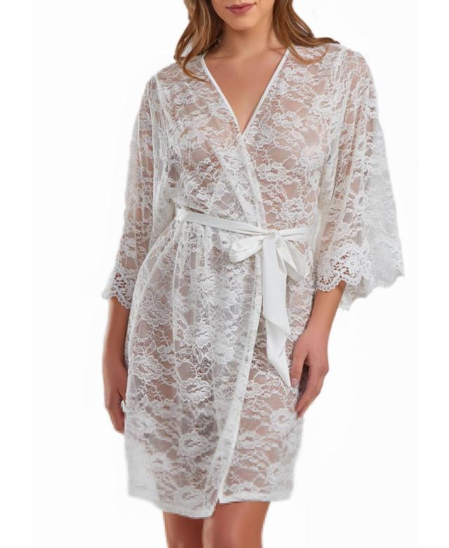 Icollection Women's Rowena Soft Sheer Lace Robe With Self Tie Satin Sash, White, Large Product Image