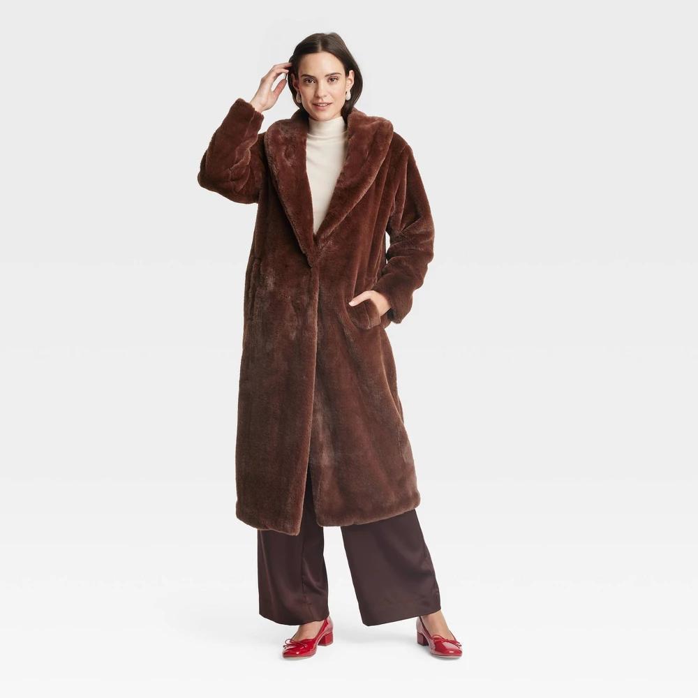 Womens Long Faux Fur Jacket - A New Day Brown Product Image