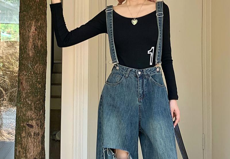 High Waist Cutout Washed Wide Leg Suspender Jeans Product Image