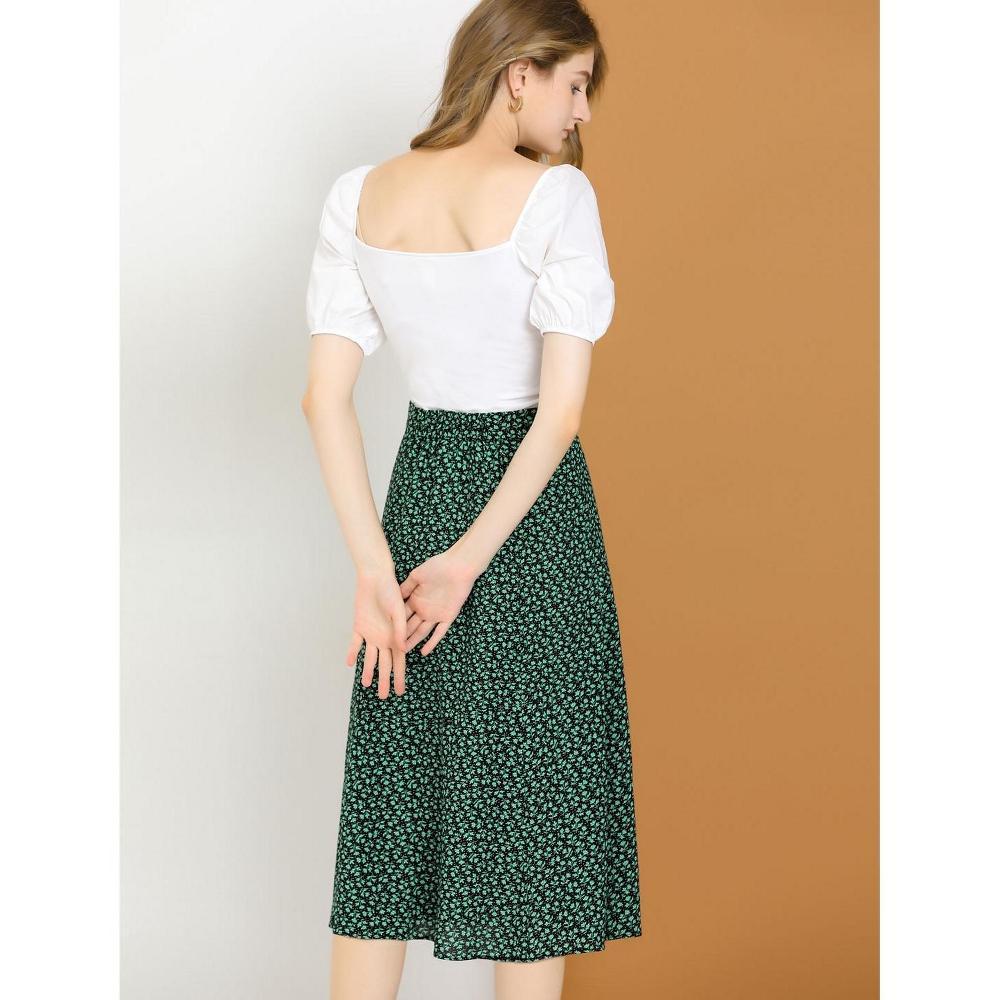 Allegra K Women's Print Peasant Elastic Waist A-Line Midi Skirts Green X-Large Product Image