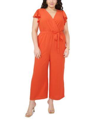 Plus Size V-Neck Flutter-Sleeve Jumpsuit Product Image