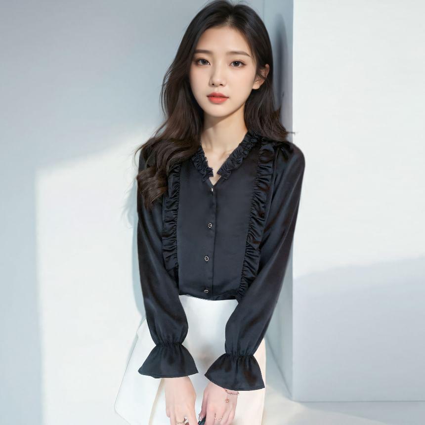 Long Sleeve V-Neck Ruffle Plain Button Blouse Product Image