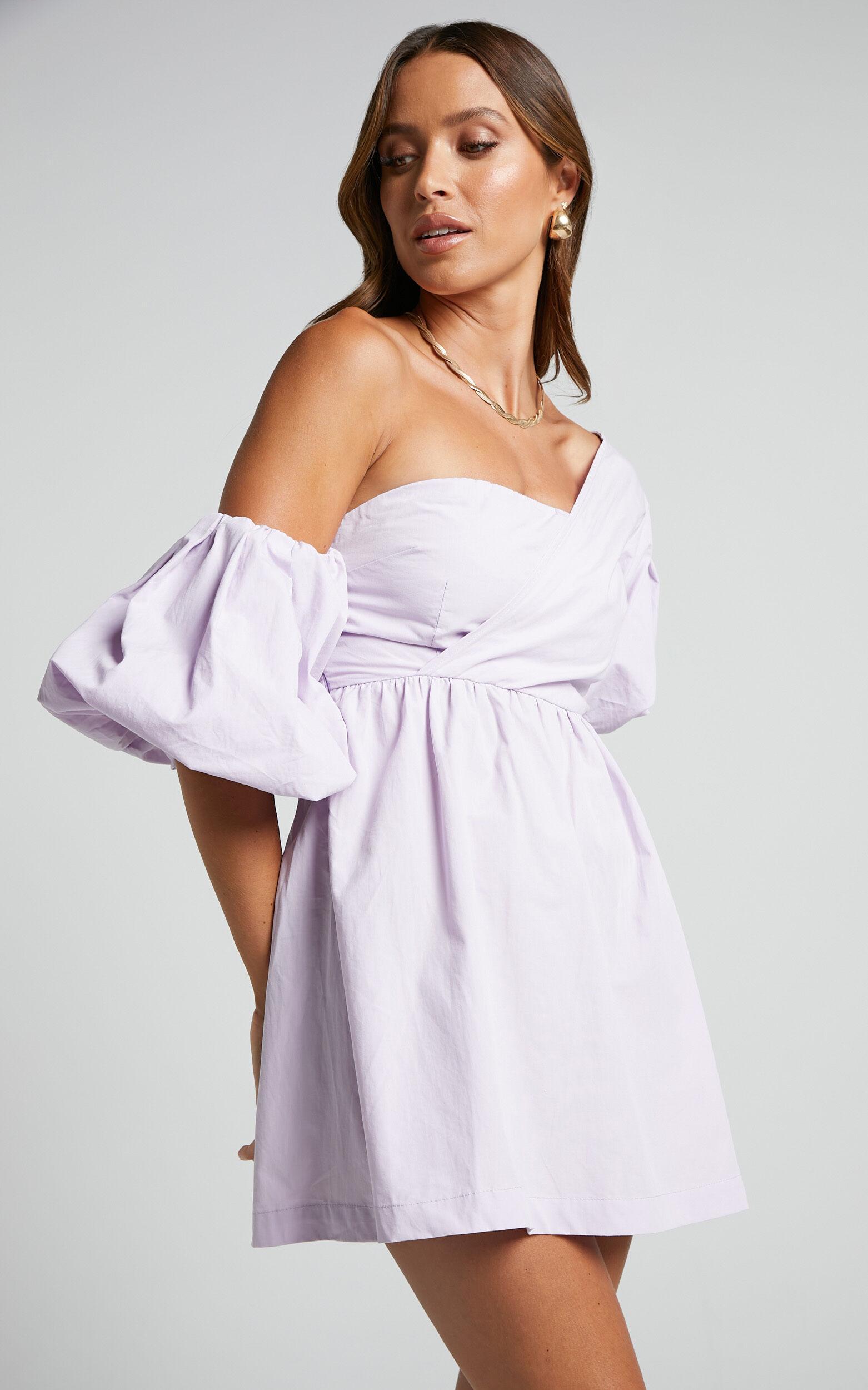 Sula Mini Dress - Asymmetric Off One Shoulder Puff Sleeve Dress in Lilac Product Image