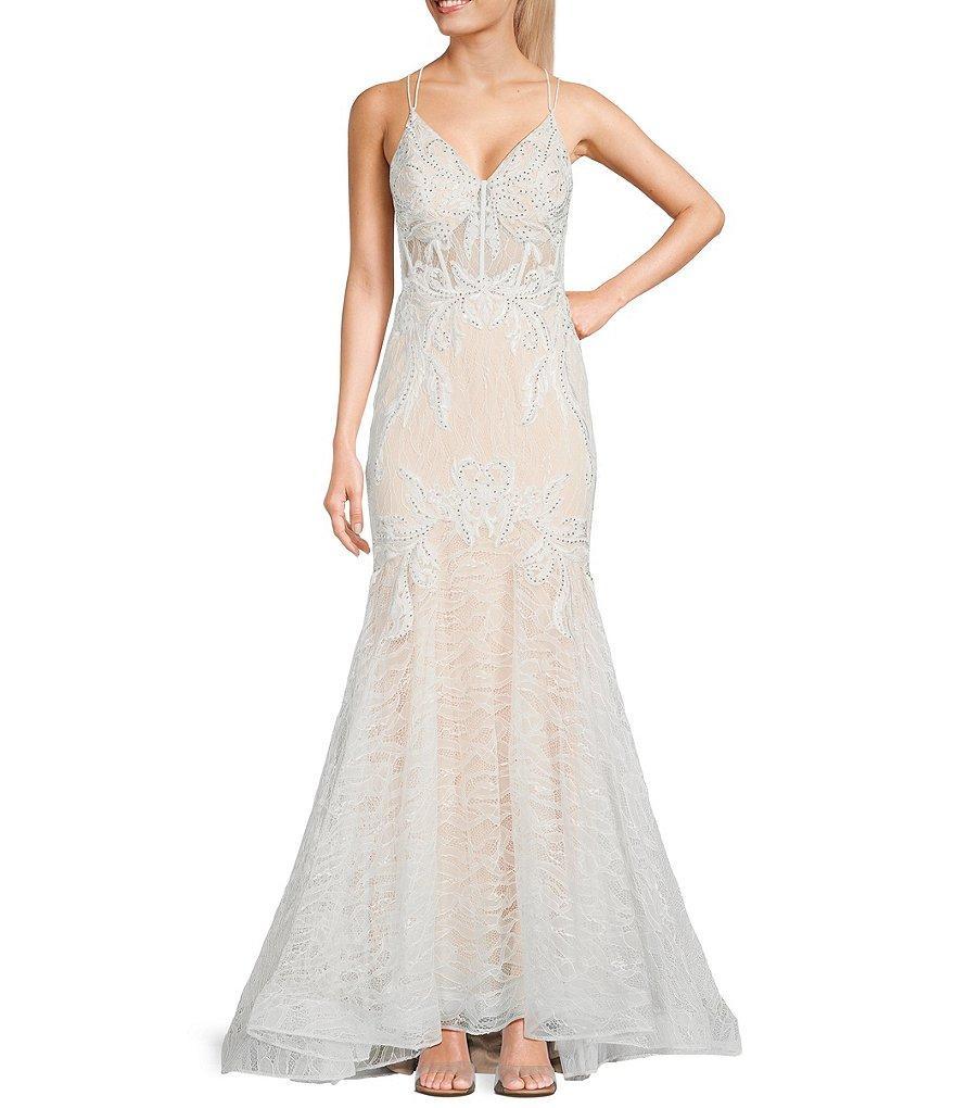 GB V-Neck Lace-Up Back Embroidered Lace Mermaid Gown Product Image