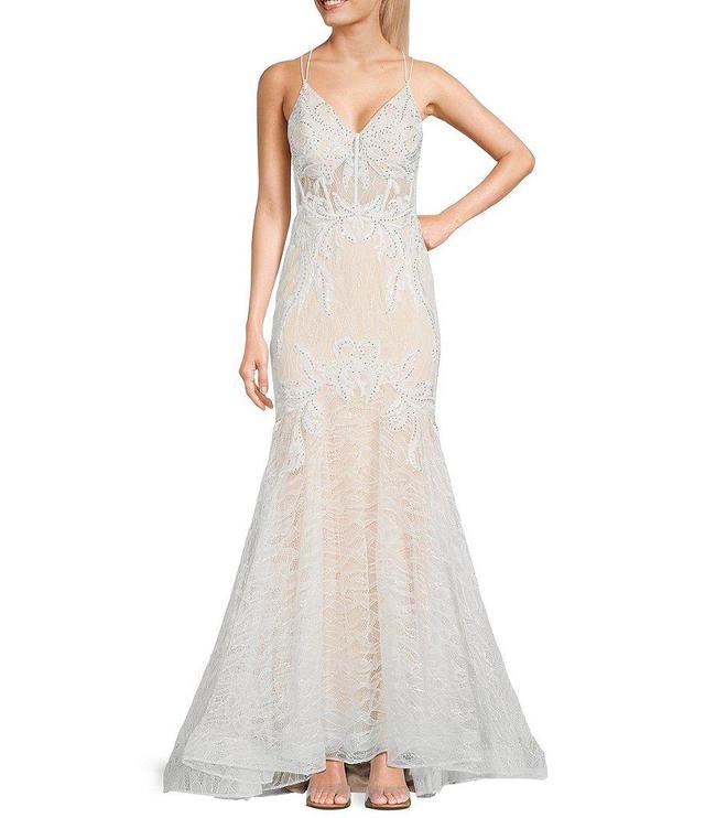 GB V-Neck Lace-Up Back Embroidered Lace Mermaid Gown Product Image