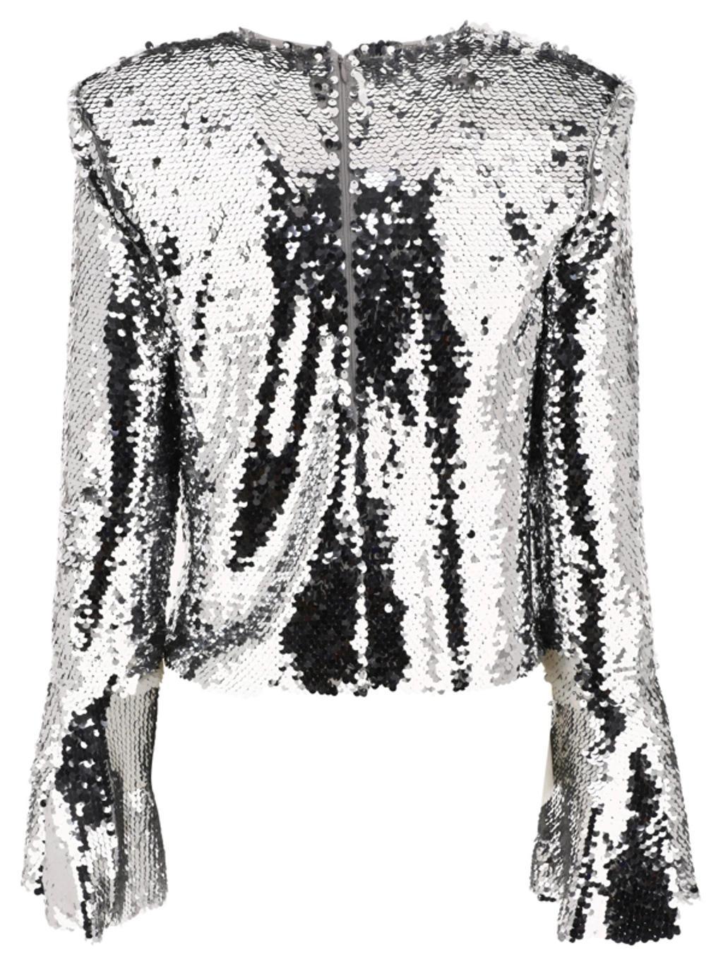 Self Portrait Sequinned Flared Top In Silver Product Image